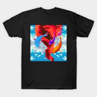 Purple Blue and Orange Koi Fish with a Deep Red Swirl Ocean- Happy Hong Kong T-Shirt